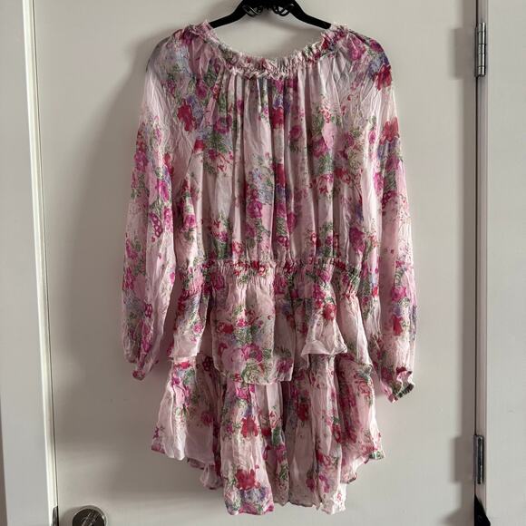 New LoveShackFancy Popover Mini Dress Pink Floral Layered Smocked Ruffled Sz L - Picture 11 of 11